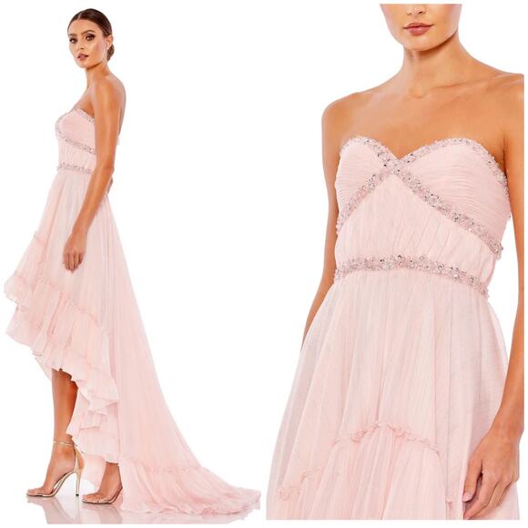 Mac Duggal NWT Beaded Ruffle High Low Gown Ice Pink Size 8 Jeweled Chiffon - Picture 2 of 10